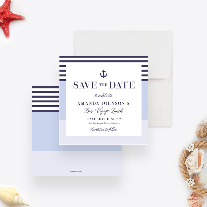 nautical bon voyage save the date card with navy stripes and anchor motif for a farewell party-front-back