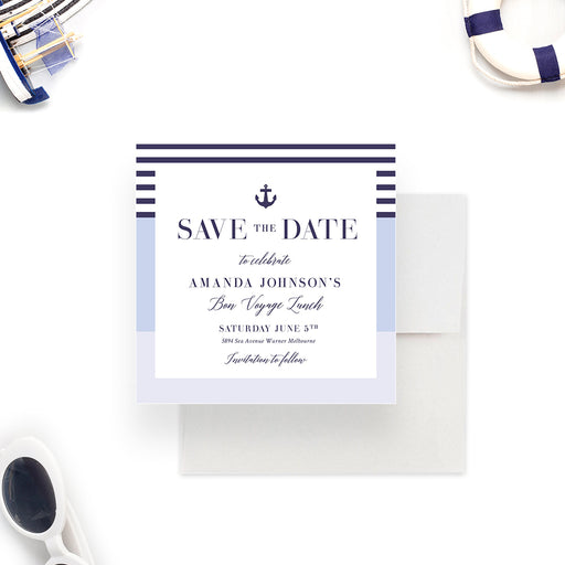 nautical bon voyage save the date card with navy stripes and anchor motif for a farewell party-front