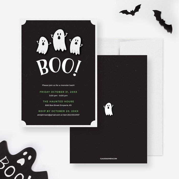 Kids Halloween party invitation featuring three friendly white ghosts on a black background