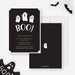 Kids Halloween party invitation featuring three friendly white ghosts on a black background