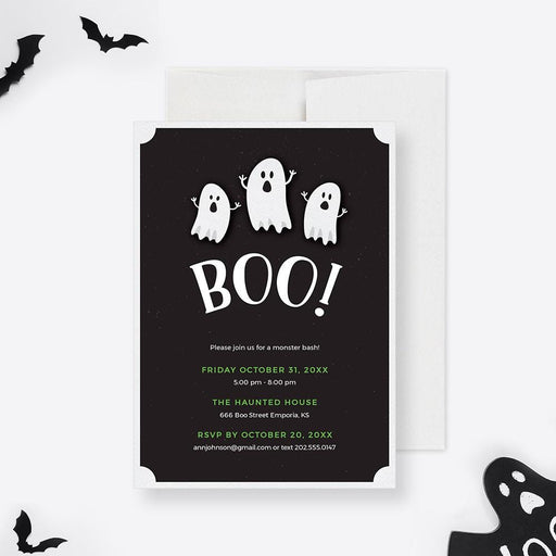 Kids Halloween party invitation featuring three friendly white ghosts on a black background