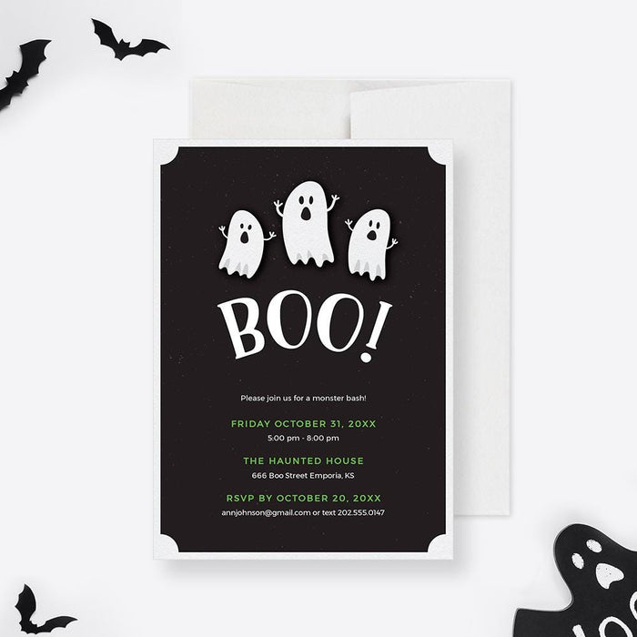 Kids Halloween party invitation featuring three friendly white ghosts on a black background