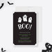 Kids Halloween party invitation featuring three friendly white ghosts on a black background