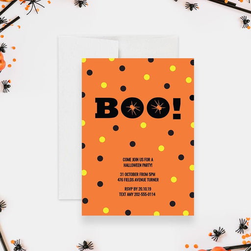 Fun Halloween invitation template with Boo text orange dotted background digital file