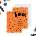 Halloween invitation with “BOO!" lettering, spiders, and black and yellow dots design.-front-back