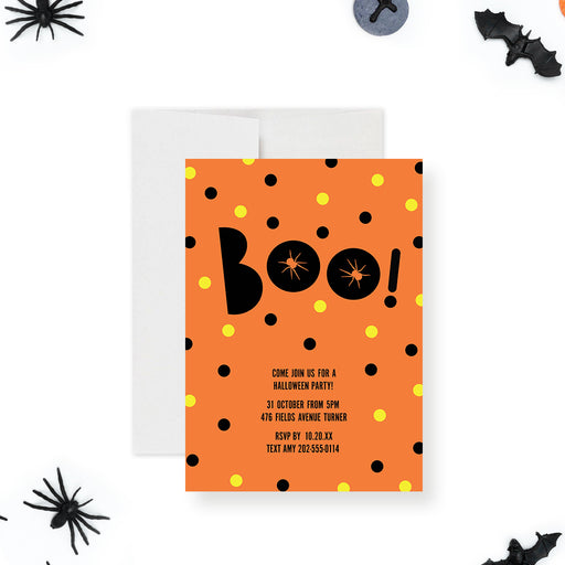 Halloween invitation with “BOO!" lettering, spiders, and black and yellow dots design.-front