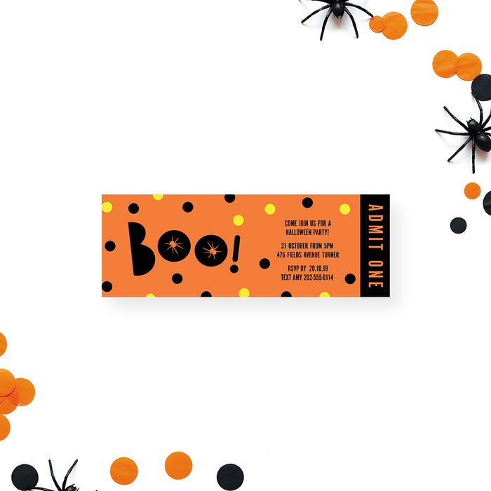 Halloween ticket invitation featuring a “Boo!” design, spider illustration, and dots — personalized spooky admit one party invite.