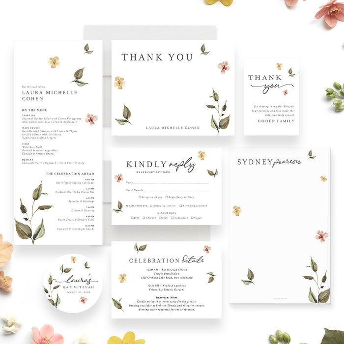 Botanical Bat Mitzvah Invitation Elegant Floral Jewish Invite