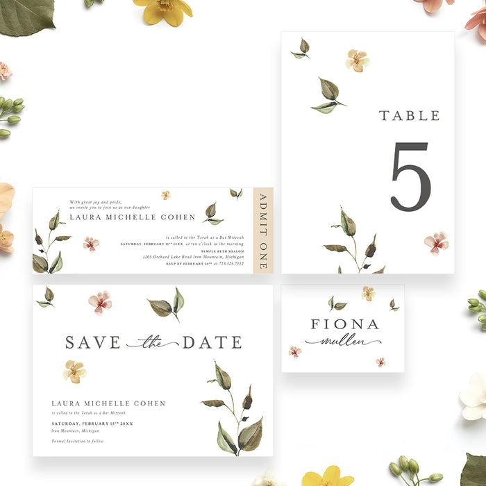 Botanical Bat Mitzvah Invitation Elegant Floral Jewish Invite