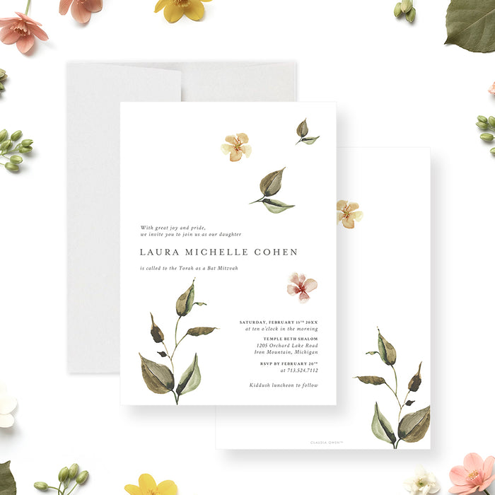 Botanical Bat Mitzvah invitation featuring soft floral illustrations and elegant lettering for a Jewish celebration or synagogue event.-front-back