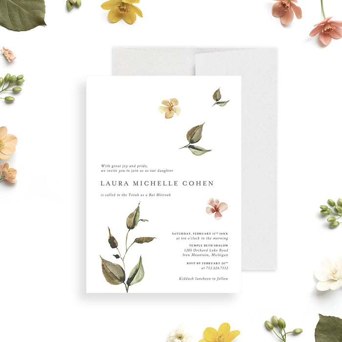 Botanical Bat Mitzvah invitation featuring soft floral illustrations and elegant lettering for a Jewish celebration or synagogue event.-front