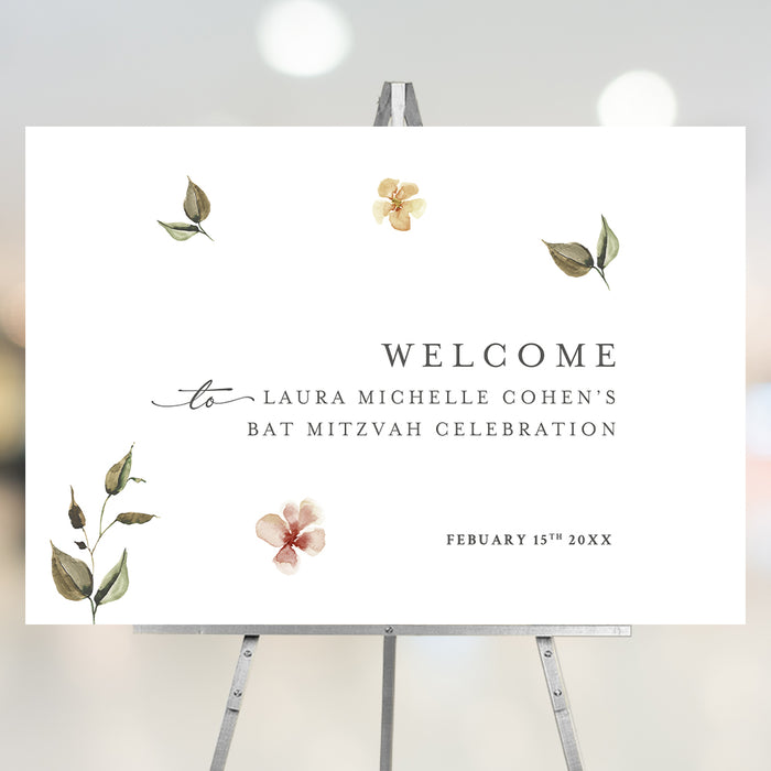 Botanical Bat Mitzvah welcome sign featuring delicate floral illustrations and elegant lettering for a stylish Jewish celebration.