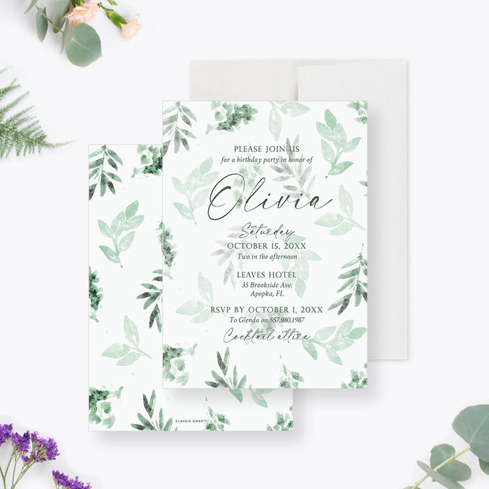 Greenery birthday invitation featuring a watercolor leaf design-front-back