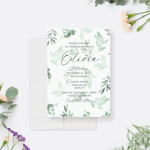 Greenery birthday invitation featuring a watercolor leaf design-front