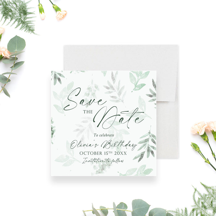 Greenery birthday save the date card featuring a botanical watercolor leaf design-front