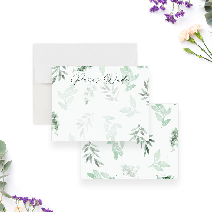 Elegant botanical note card featuring a lush green watercolor leaf design-front-back