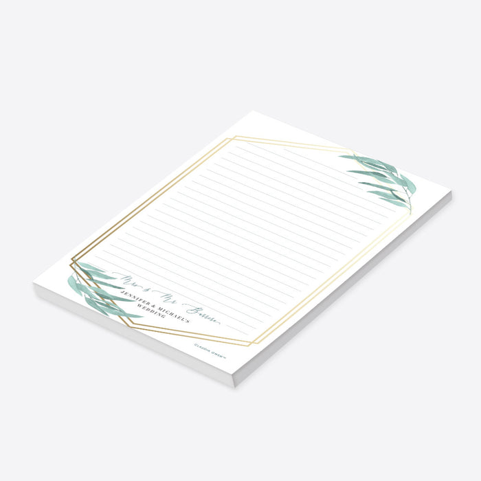 Personalized eucalyptus wedding notepad with greenery design and gold frame.-side