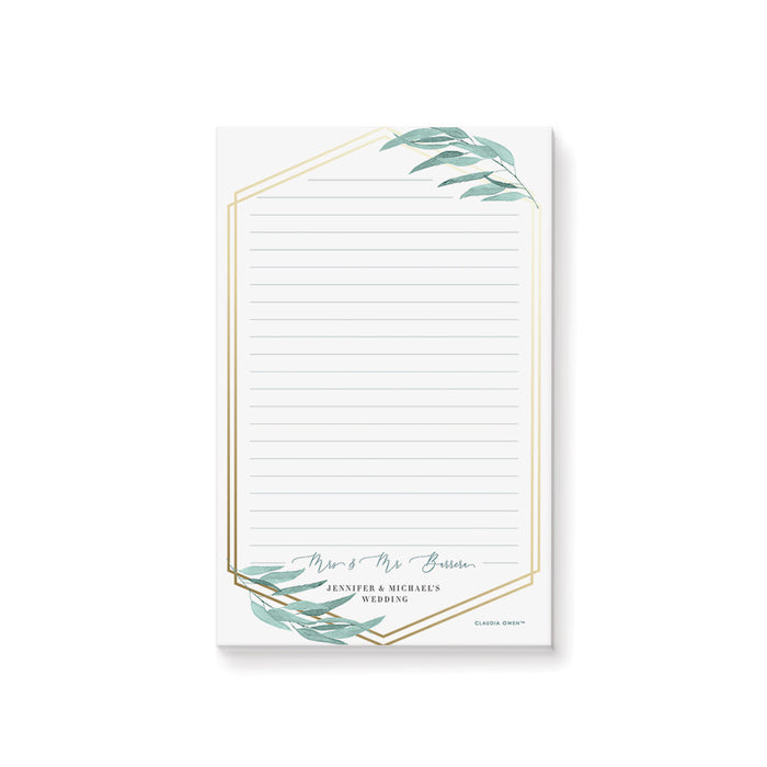 Personalized eucalyptus wedding notepad with greenery design and gold frame.