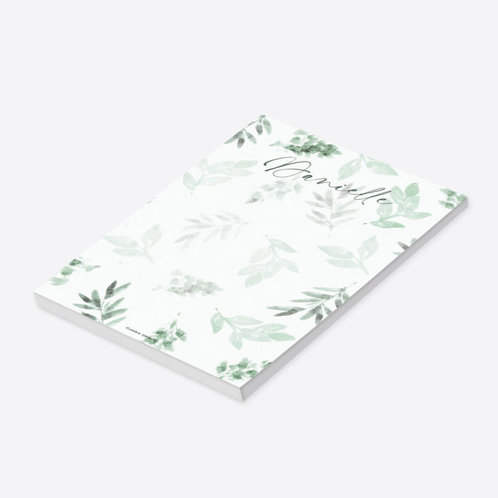 Personalized botanical notepad with a lush green watercolor leaf design-side