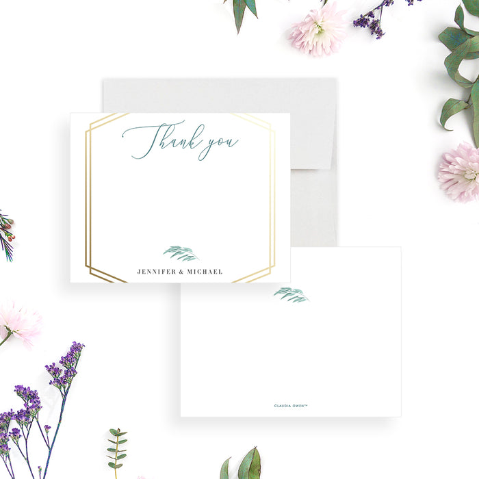 Elegant wedding thank you card with gold frame and eucalyptus design, providing a classy way to express your gratitude.-front-back