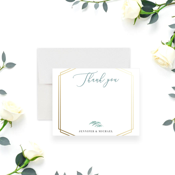 Elegant wedding thank you card with gold frame and eucalyptus design, providing a classy way to express your gratitude.-front