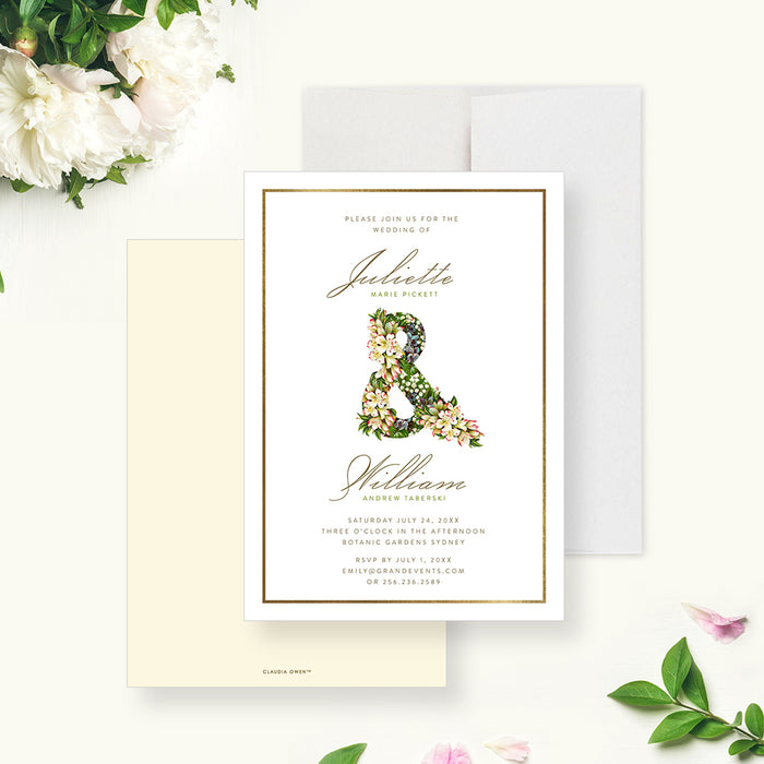 botanical wedding invitation with floral ampersand, elegant script names, classic border, and personalized wedding details-front-back