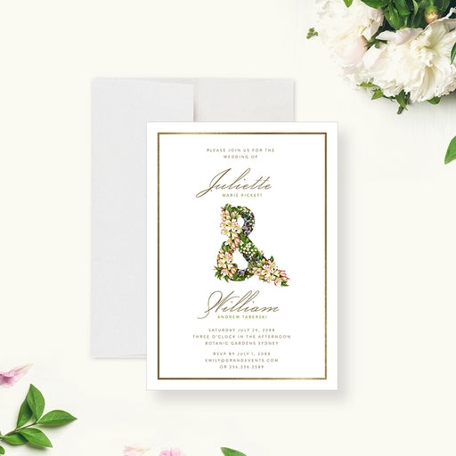 botanical wedding invitation with floral ampersand, elegant script names, classic border, and personalized wedding details-front