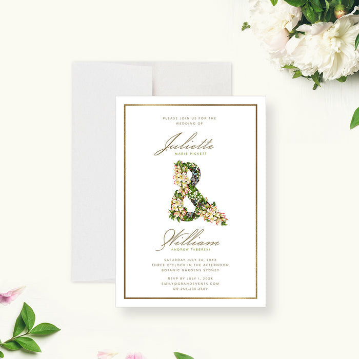 botanical wedding invitation with floral ampersand, elegant script names, classic border, and personalized wedding details-front