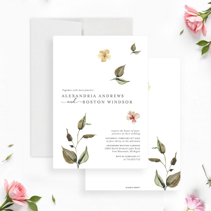 botanical wedding invitation with soft floral accents and greenery, personalized with couple names and wedding details-front-back