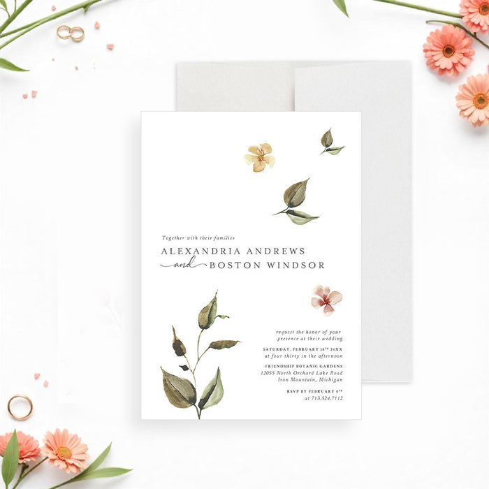 botanical wedding invitation with soft floral accents and greenery, personalized with couple names and wedding details-front