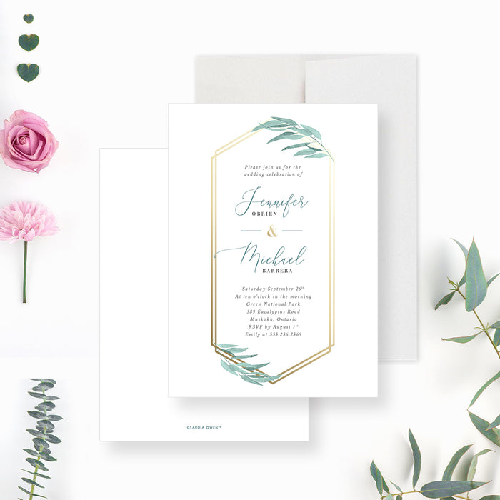 Elegant eucalyptus botanical wedding invitation with gold-frame design and watercolor greenery accents.-front-back