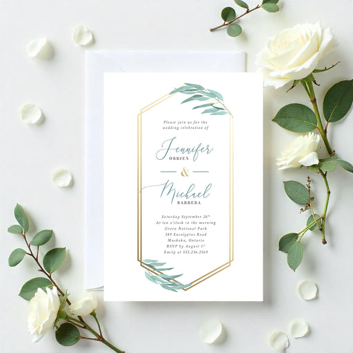 Elegant eucalyptus botanical wedding invitation with gold-frame design and watercolor greenery accents.-front