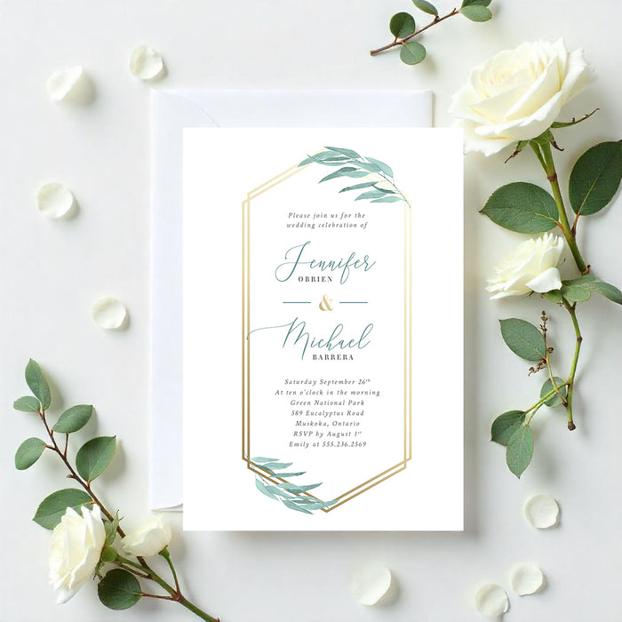 Elegant eucalyptus botanical wedding invitation with gold-frame design and watercolor greenery accents.-front