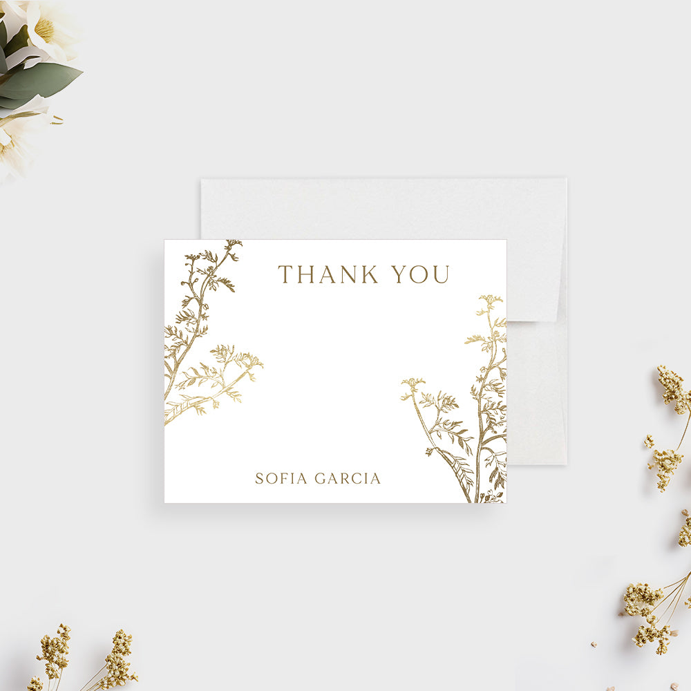Black and Gold Botanical Wedding Thank You Card