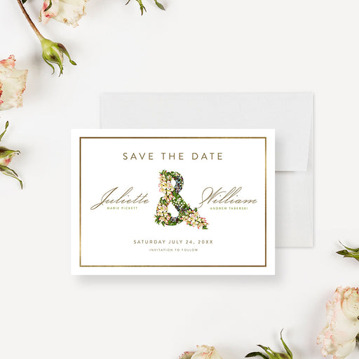 wedding save the date card with floral ampersand, botanical flowers, elegant couple names, and classic border-front