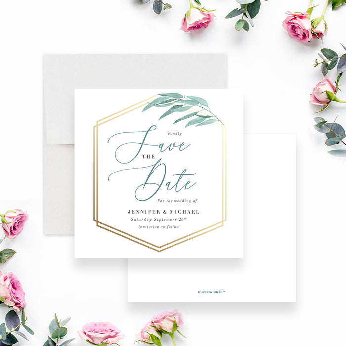 Elegant eucalyptus Save the Date card with gold-frame design and soft watercolor greenery.-front-back