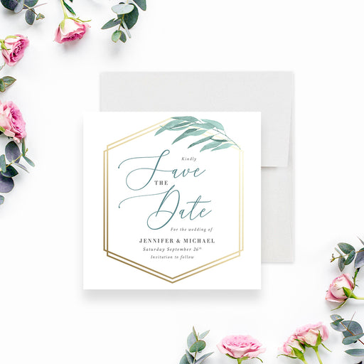 Elegant eucalyptus Save the Date card with gold-frame design and soft watercolor greenery.-front