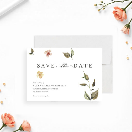 botanical wedding save the date card with soft watercolor flowers, greenery, and personalized wedding details-front