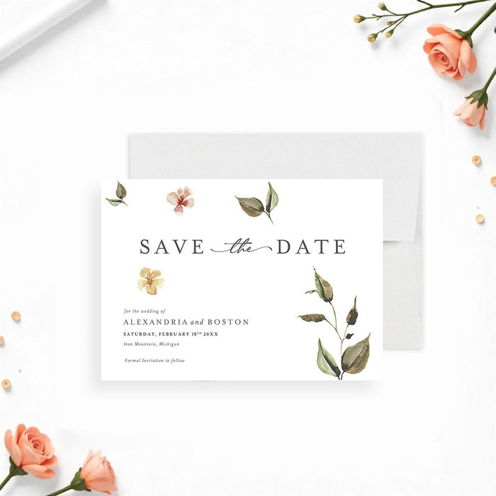 botanical wedding save the date card with soft watercolor flowers, greenery, and personalized wedding details-front