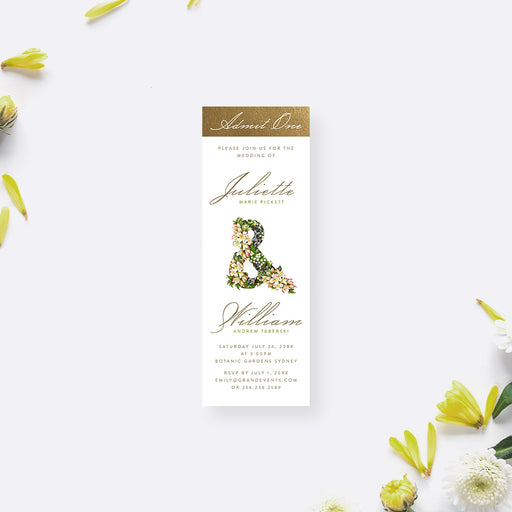 botanical wedding ticket invitation with floral ampersand, elegant couple names, admit one panel, and wedding details