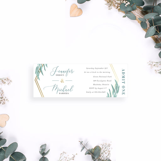 Green and gold botanical wedding ticket invitation with eucalyptus design, an elegant event entry pass.