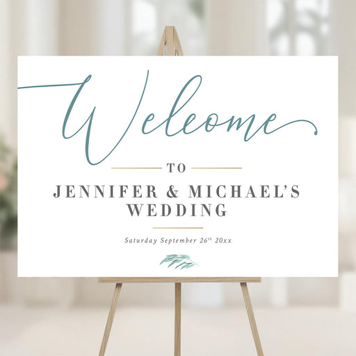 Elegant wedding welcome sign with eucalyptus design, ideal for ceremonies, receptions, and decorating event spaces.
