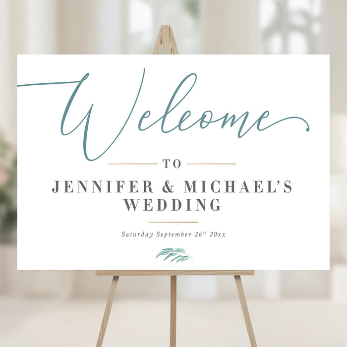 Elegant wedding welcome sign with eucalyptus design, ideal for ceremonies, receptions, and decorating event spaces.