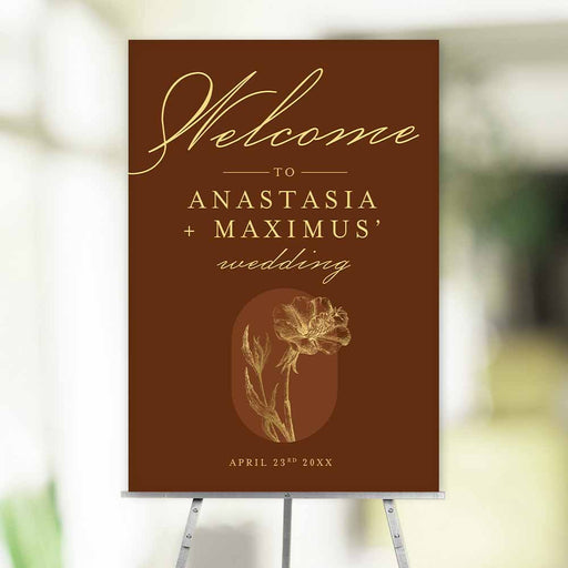 Burnt orange and gold botanical personalized welcome sign with vintage floral illustration, ideal for weddings, anniversaries, showers, and milestone events.
