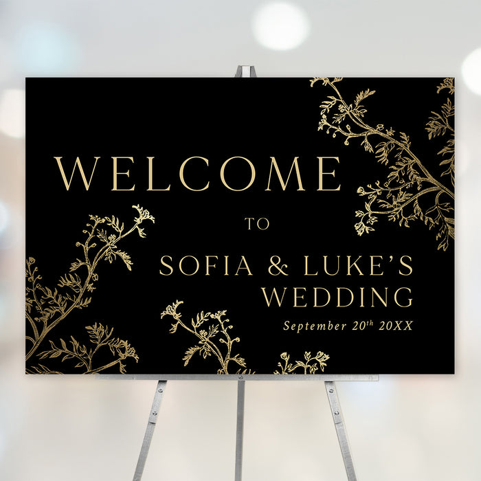 Elegant black and gold welcome sign with botanical accents, personalized event signage for weddings, anniversaries, and special occasions.
