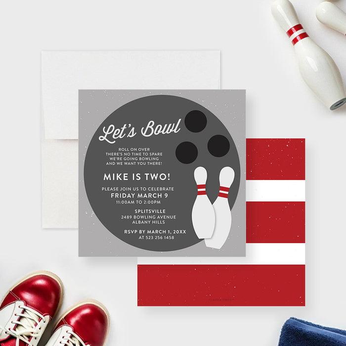 kids bowling birthday party invitation with bowling ball, pins, gray background, and personalized party details-front-back