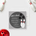 kids bowling birthday party invitation with bowling ball, pins, gray background, and personalized party details-front
