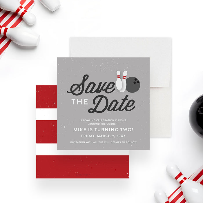 bowling birthday save the date card with bowling pins, bowling ball, gray background, and personalized party wording-front-back