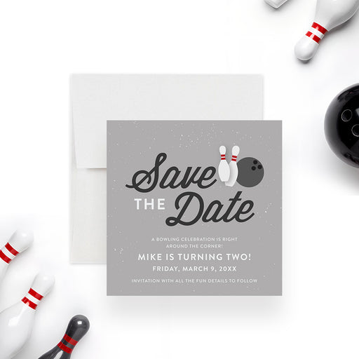 bowling birthday save the date card with bowling pins, bowling ball, gray background, and personalized party wording-front