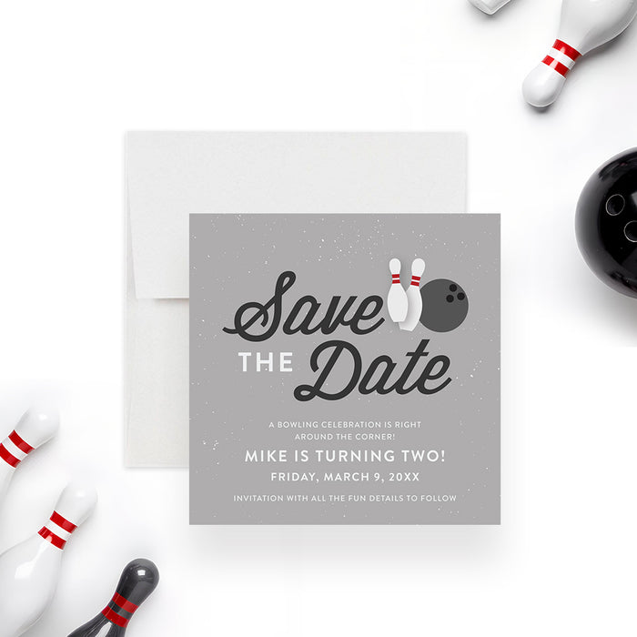 bowling birthday save the date card with bowling pins, bowling ball, gray background, and personalized party wording-front